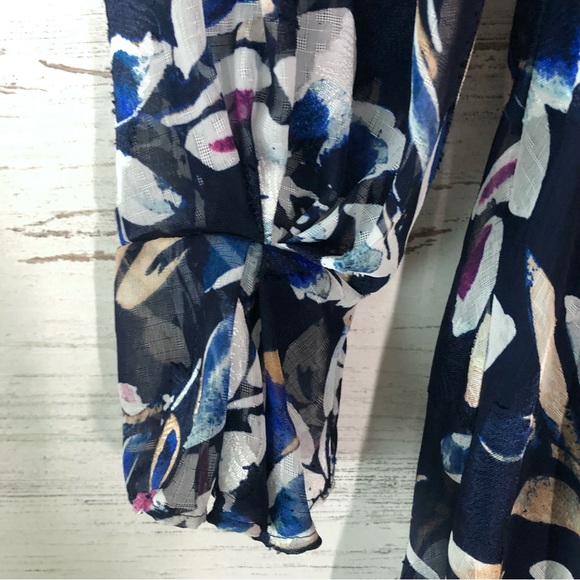 DKNY Floral Long Sheer Sleeve A Line Midi Modest Belted Dress 2 Navy - Picture 9 of 13